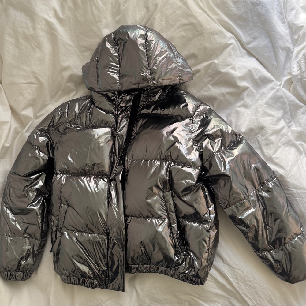 Alice + Olivia Durham metallic Silver Puffer Jacket